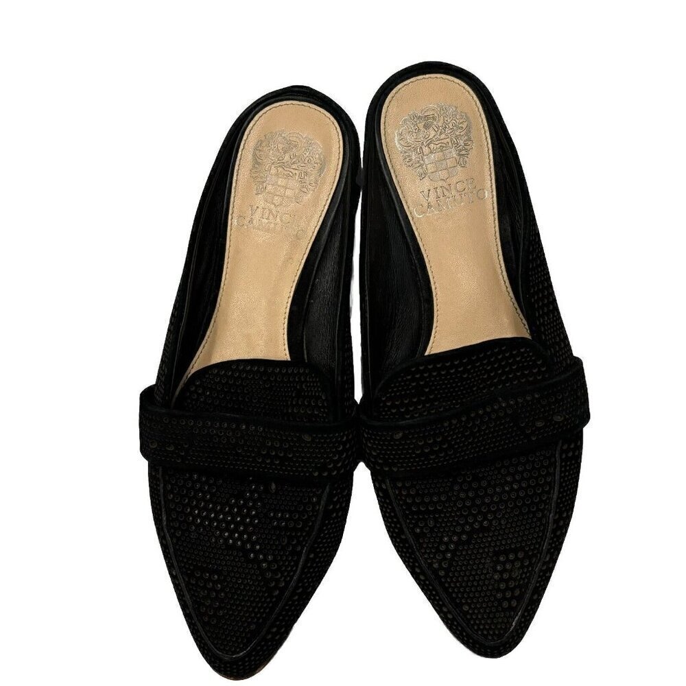 Vince Camuto Kaylana Suede Mules Women 6.5 Black Perforated Leather Shoes Career